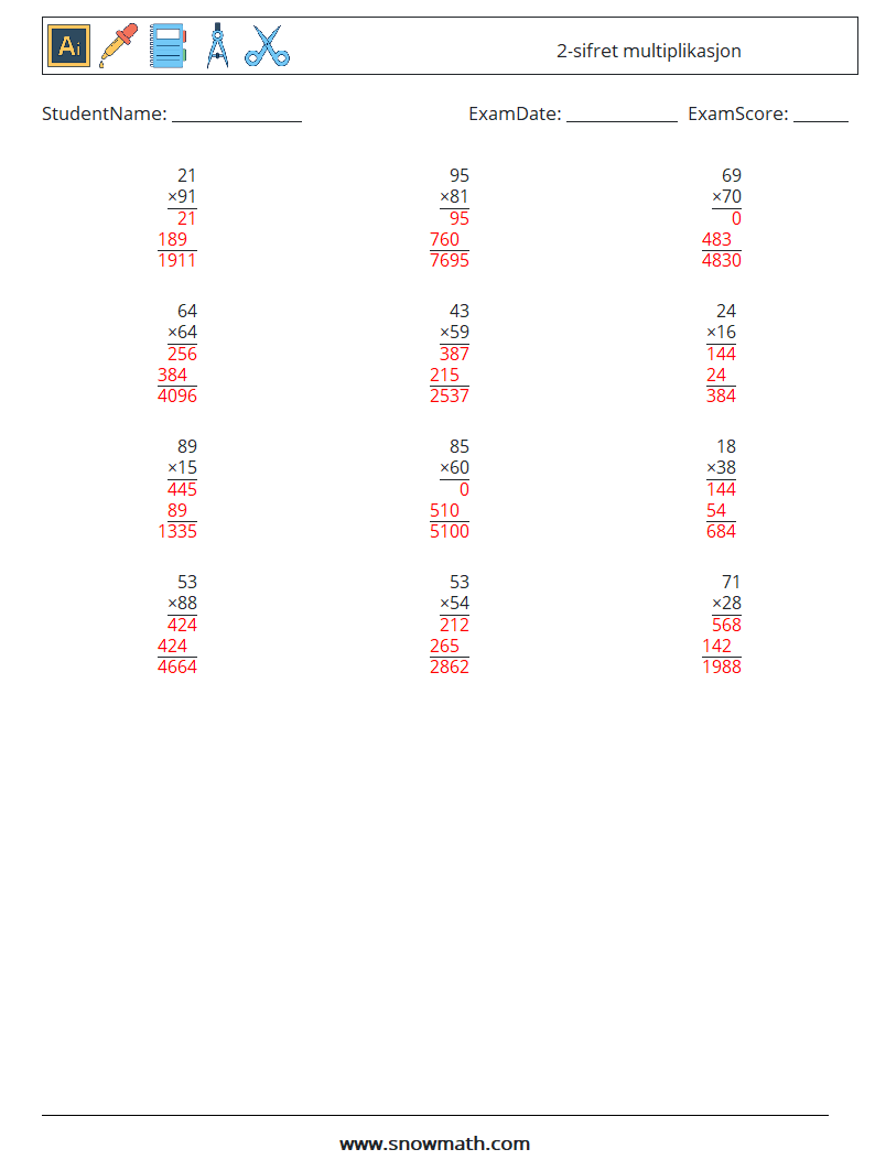 (12) 2-sifret multiplikasjon MathWorksheets 15 QuestionAnswer
