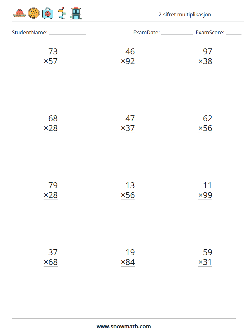 (12) 2-sifret multiplikasjon MathWorksheets 16