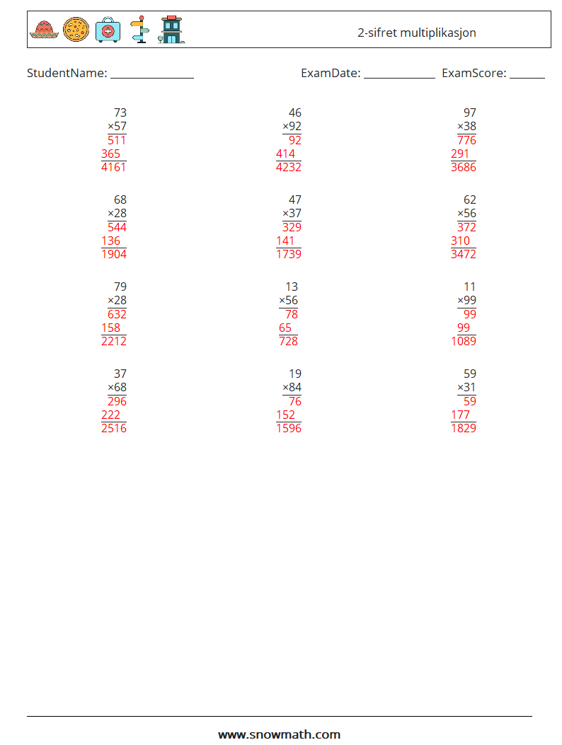 (12) 2-sifret multiplikasjon MathWorksheets 16 QuestionAnswer