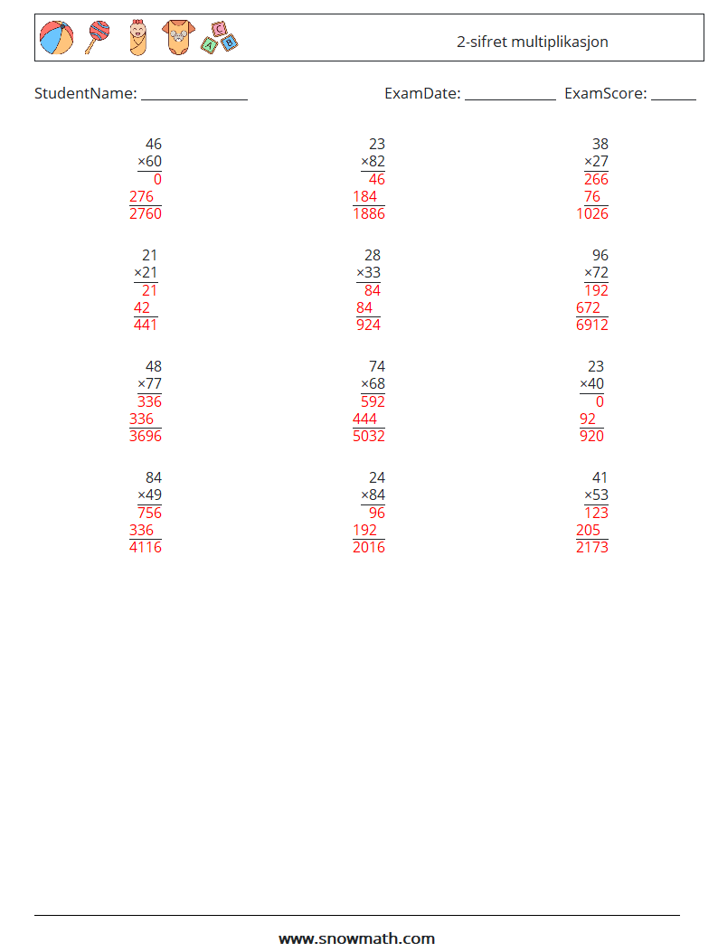 (12) 2-sifret multiplikasjon MathWorksheets 17 QuestionAnswer