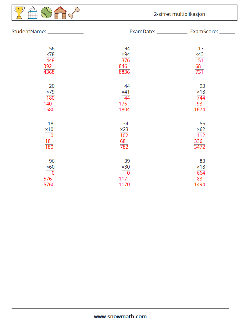 (12) 2-sifret multiplikasjon MathWorksheets 18 QuestionAnswer