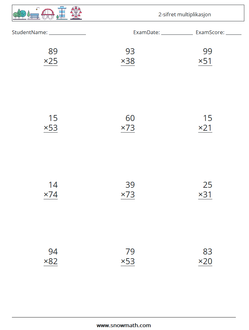 (12) 2-sifret multiplikasjon MathWorksheets 2
