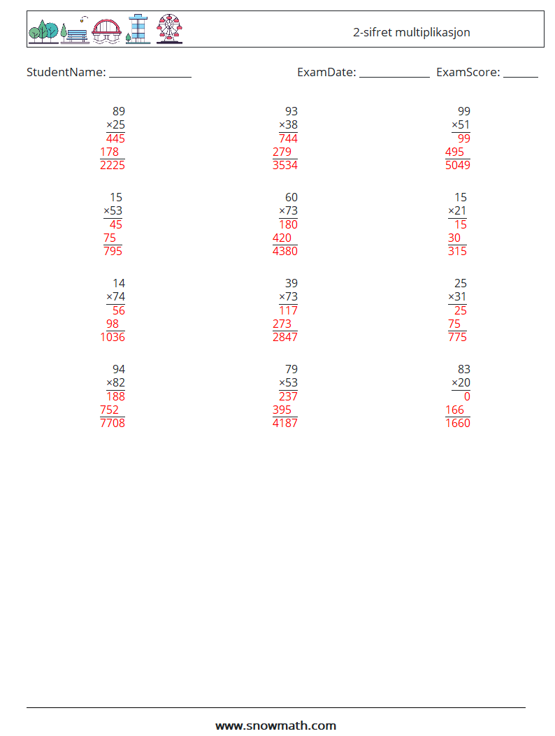 (12) 2-sifret multiplikasjon MathWorksheets 2 QuestionAnswer