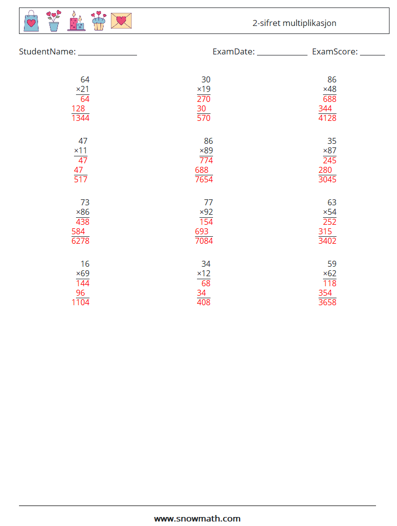 (12) 2-sifret multiplikasjon MathWorksheets 3 QuestionAnswer