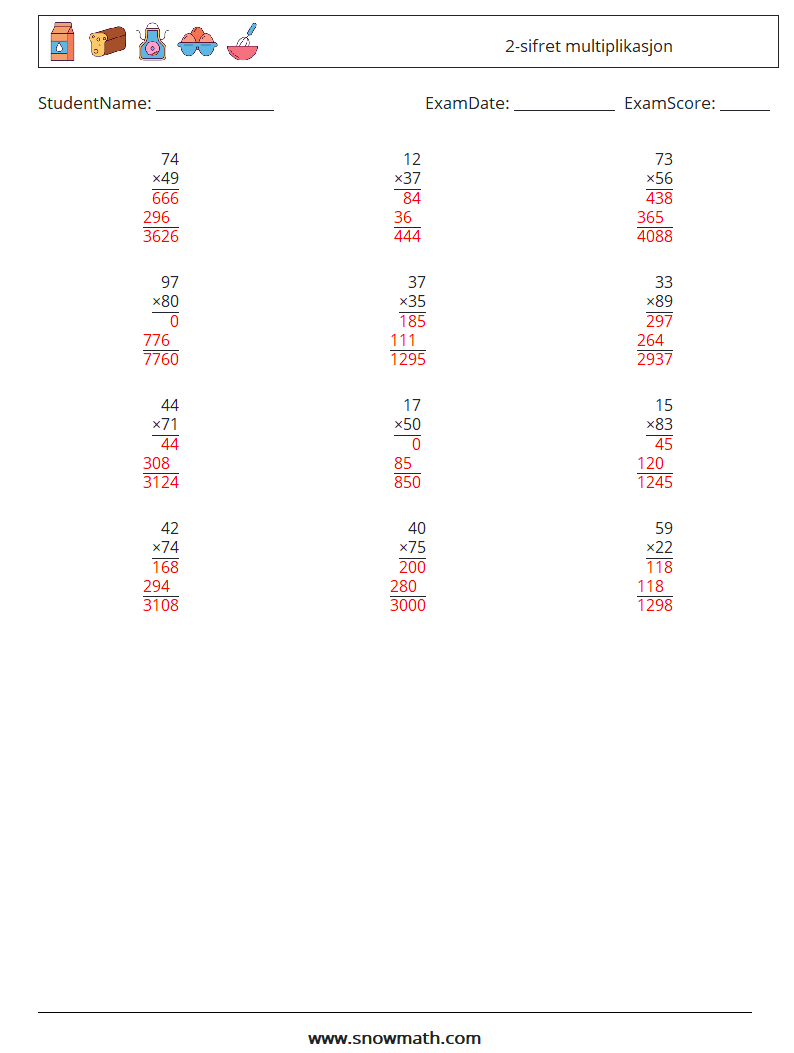 (12) 2-sifret multiplikasjon MathWorksheets 4 QuestionAnswer