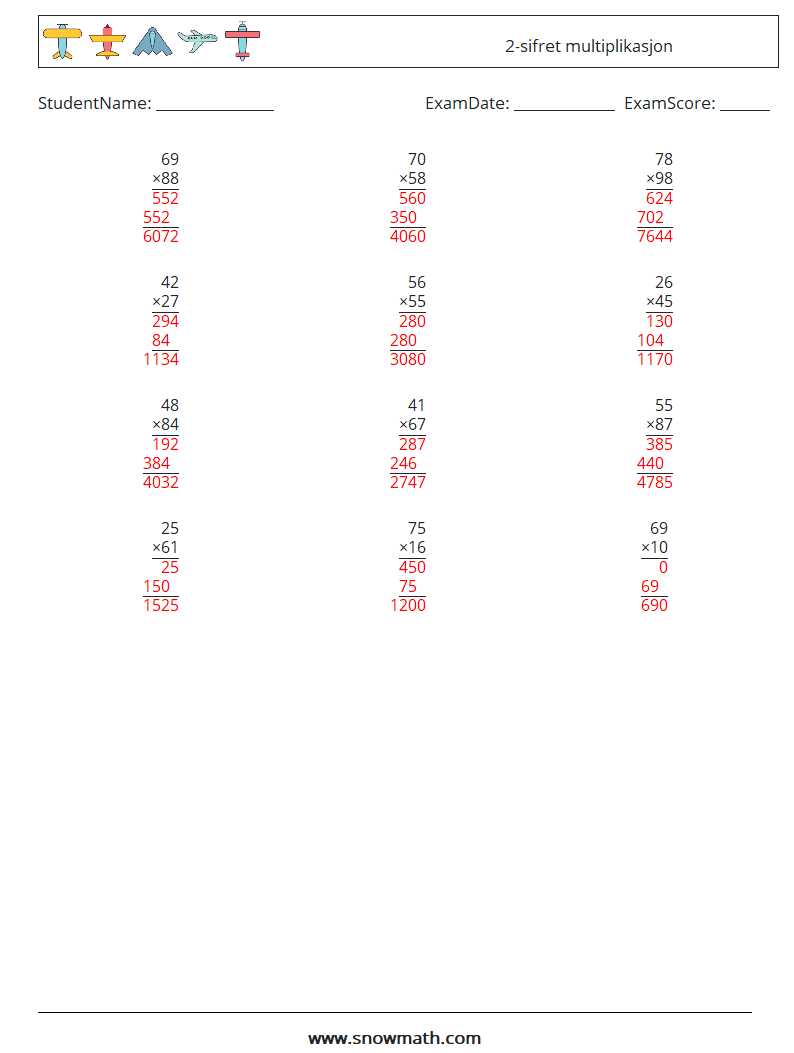 (12) 2-sifret multiplikasjon MathWorksheets 5 QuestionAnswer
