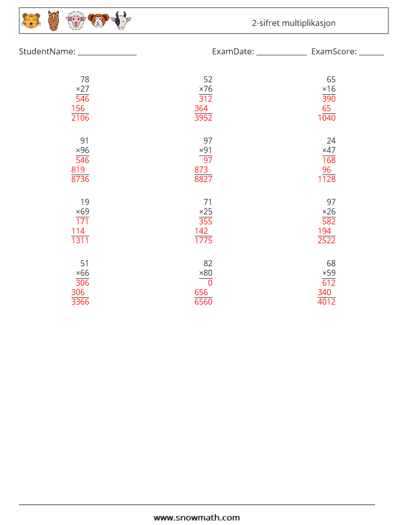 (12) 2-sifret multiplikasjon MathWorksheets 6 QuestionAnswer