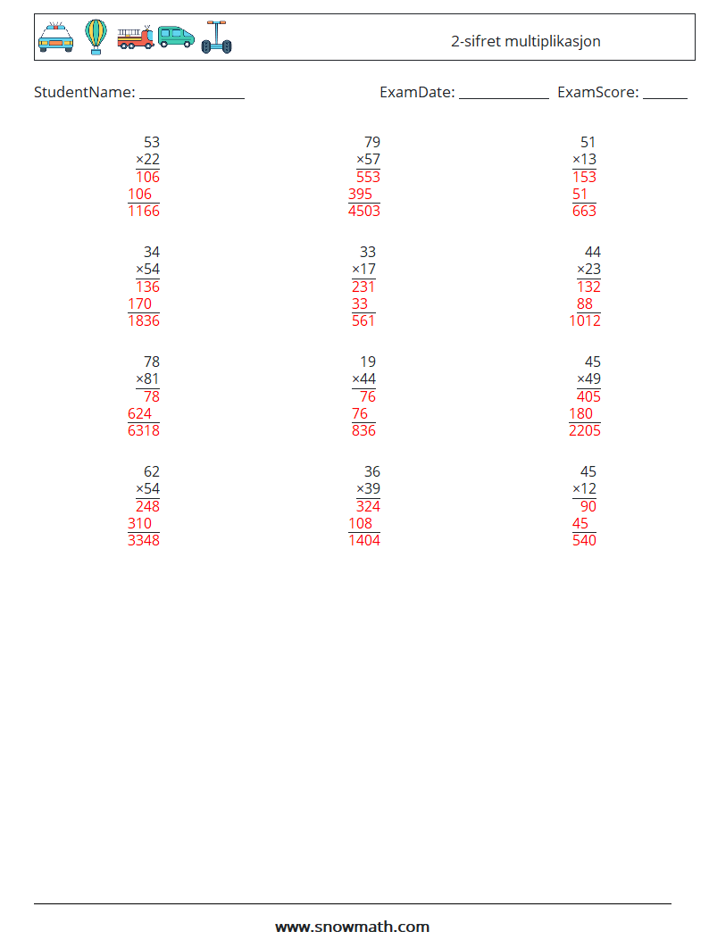 (12) 2-sifret multiplikasjon MathWorksheets 7 QuestionAnswer