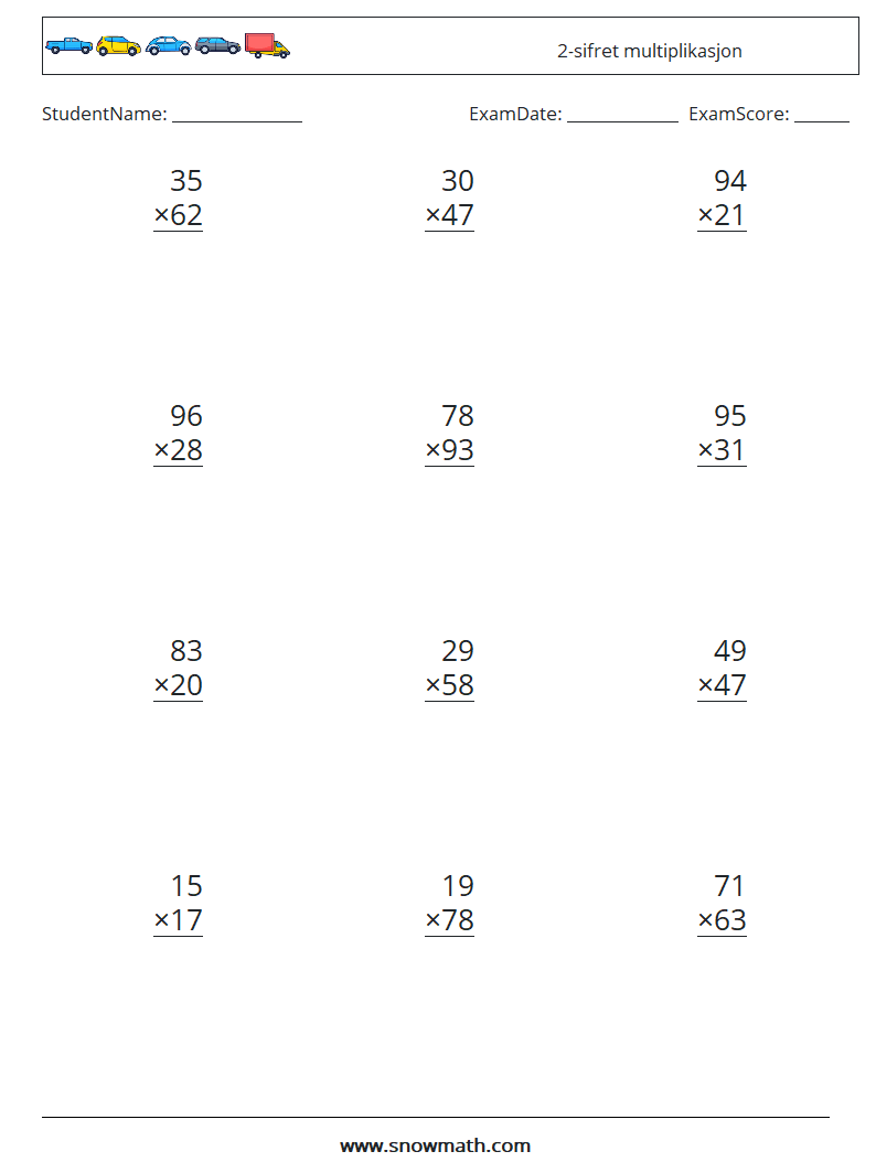 (12) 2-sifret multiplikasjon MathWorksheets 9