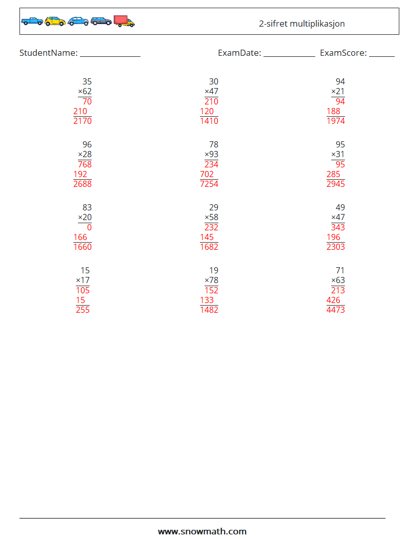 (12) 2-sifret multiplikasjon MathWorksheets 9 QuestionAnswer