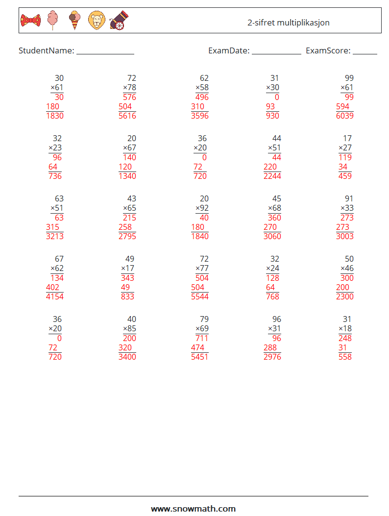 (25) 2-sifret multiplikasjon MathWorksheets 11 QuestionAnswer