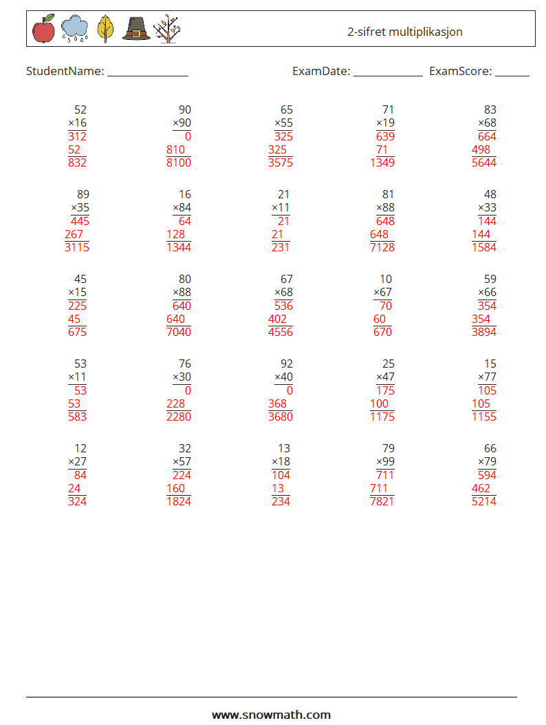 (25) 2-sifret multiplikasjon MathWorksheets 12 QuestionAnswer