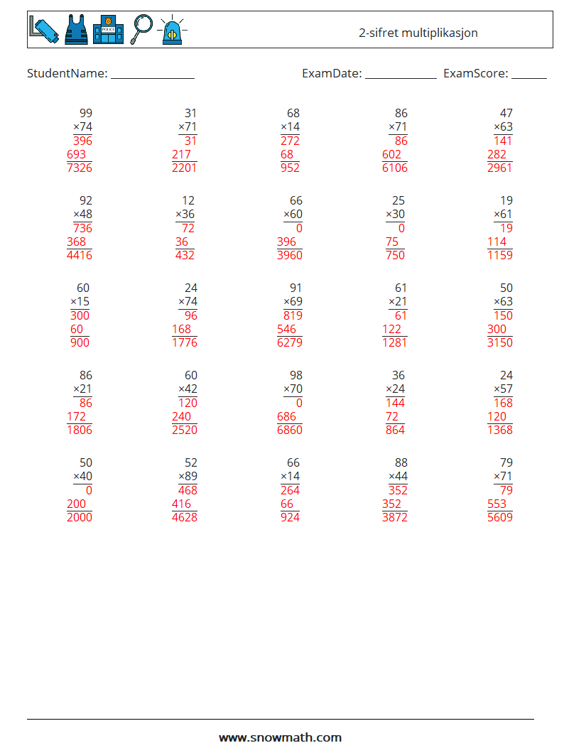 (25) 2-sifret multiplikasjon MathWorksheets 13 QuestionAnswer