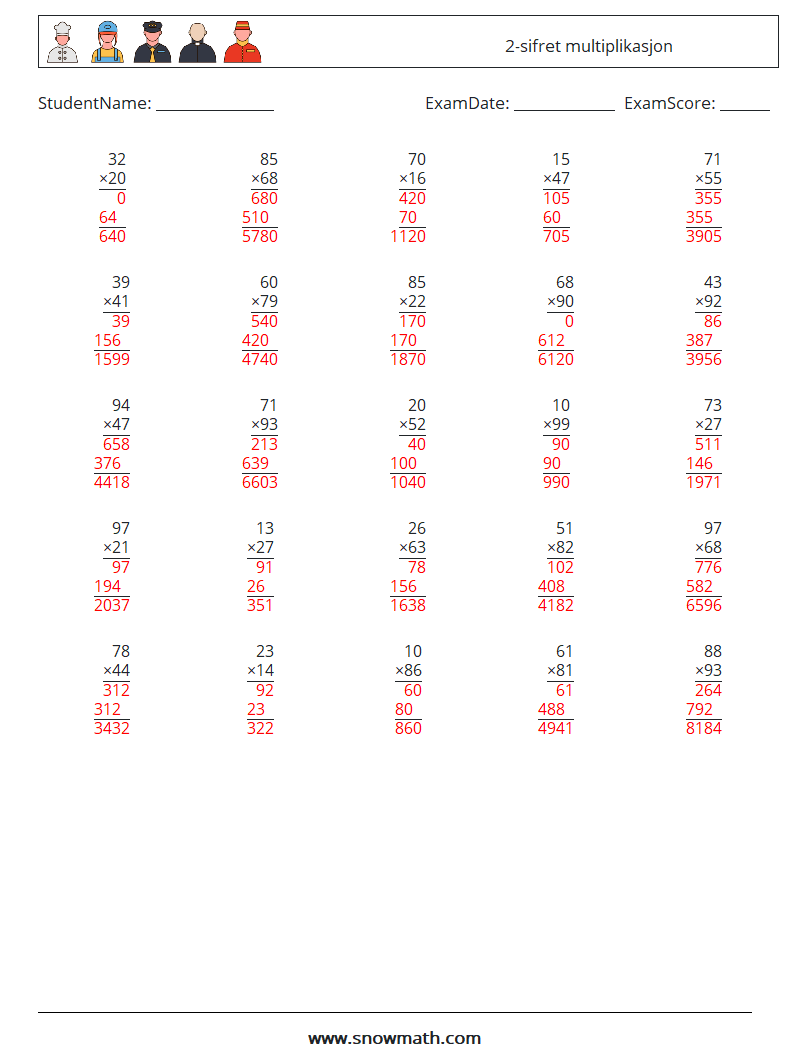 (25) 2-sifret multiplikasjon MathWorksheets 14 QuestionAnswer