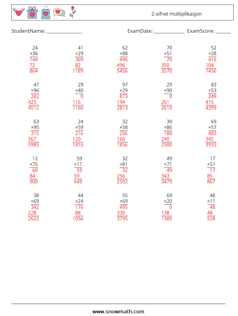 (25) 2-sifret multiplikasjon MathWorksheets 15 QuestionAnswer