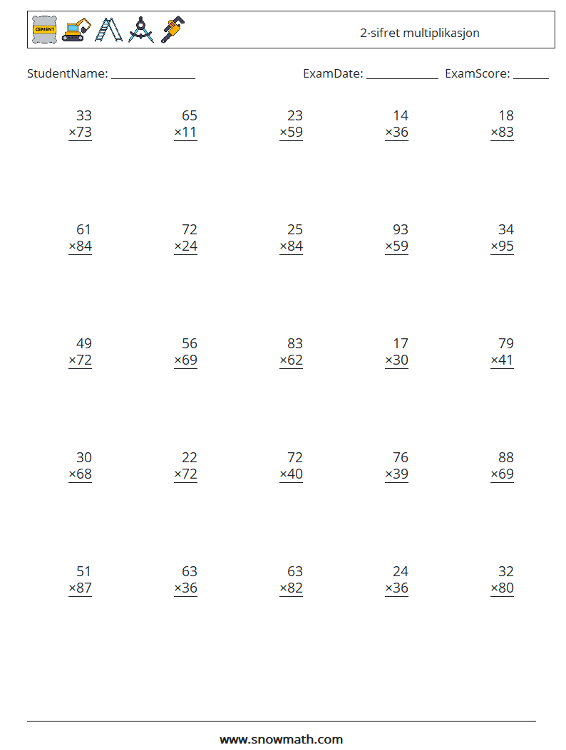 (25) 2-sifret multiplikasjon MathWorksheets 18