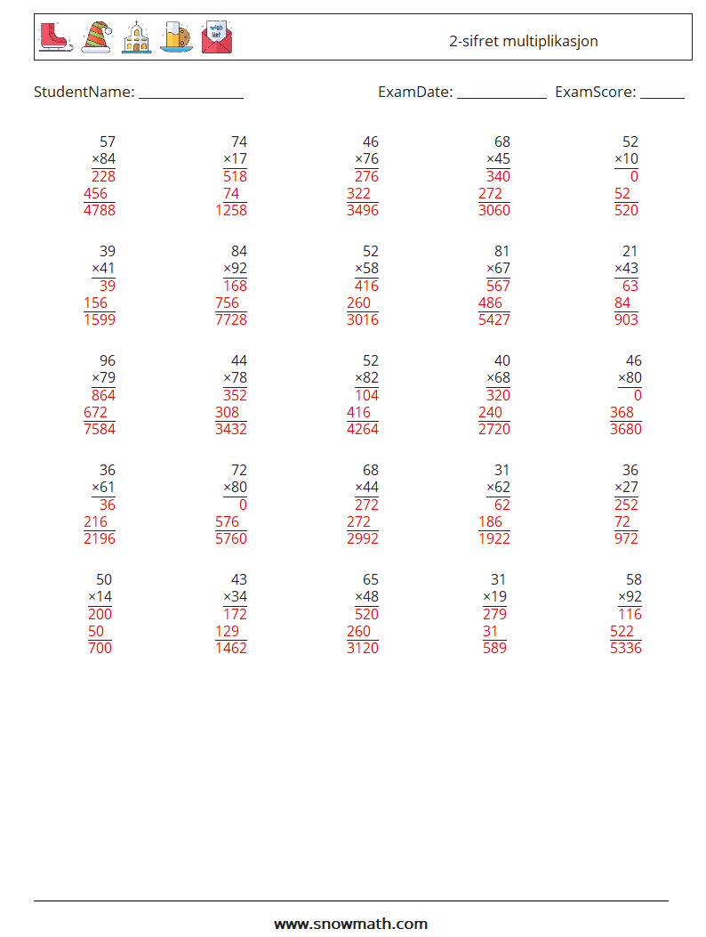 (25) 2-sifret multiplikasjon MathWorksheets 1 QuestionAnswer