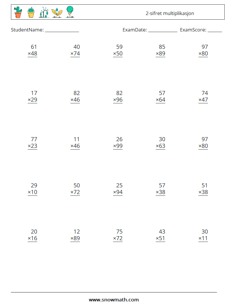 (25) 2-sifret multiplikasjon MathWorksheets 3