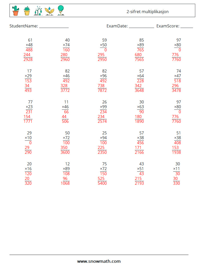 (25) 2-sifret multiplikasjon MathWorksheets 3 QuestionAnswer