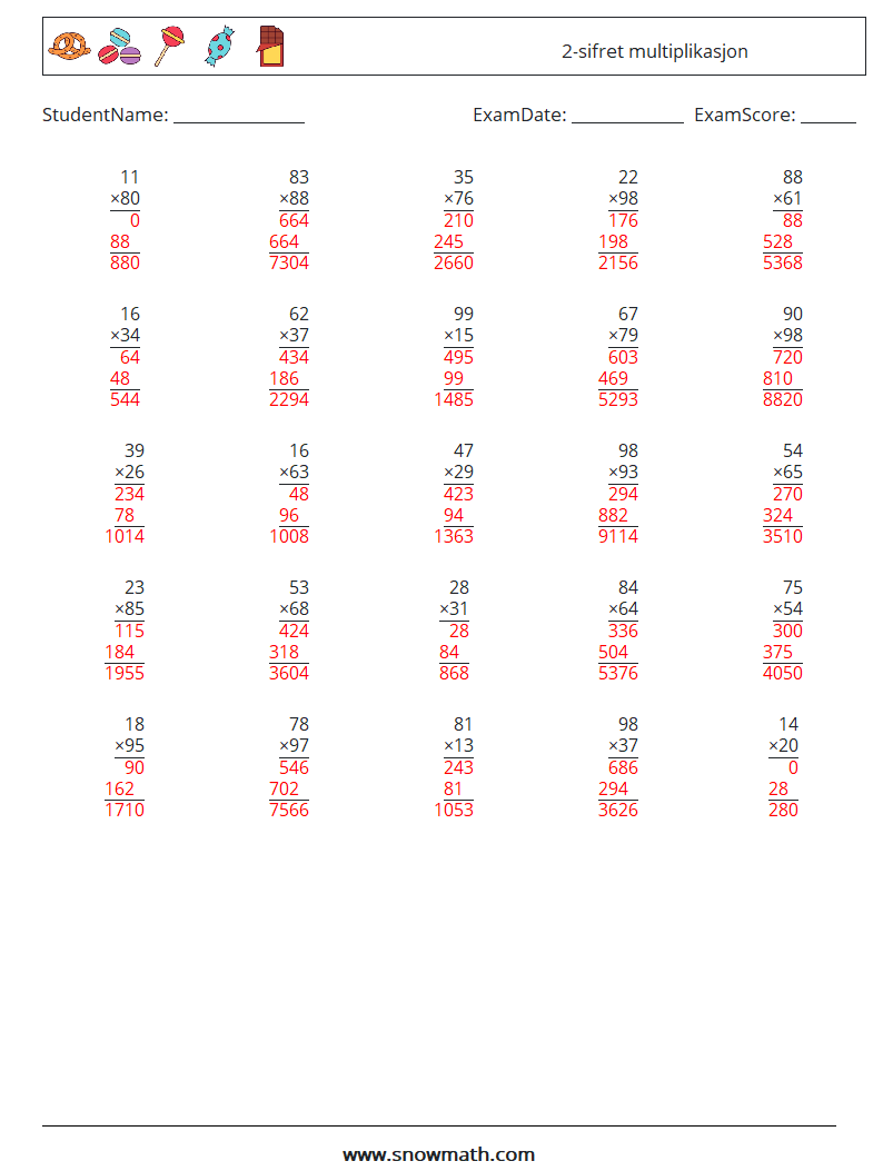 (25) 2-sifret multiplikasjon MathWorksheets 7 QuestionAnswer