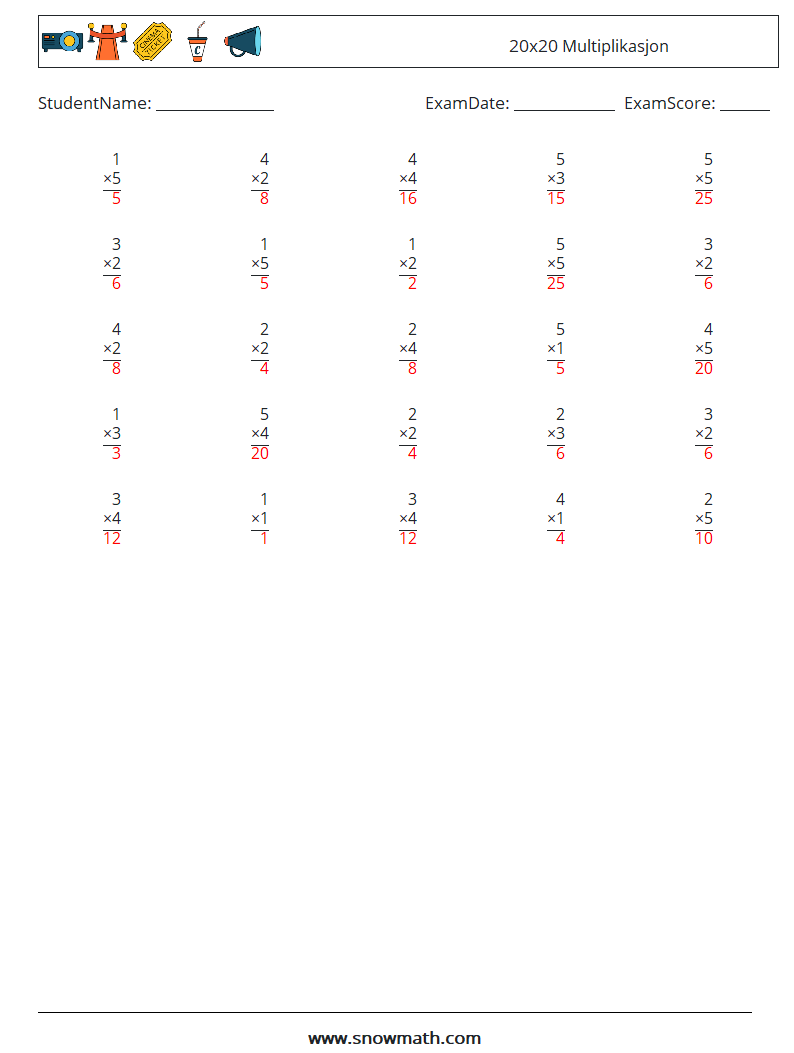 (25) 20x20 Multiplikasjon MathWorksheets 10 QuestionAnswer