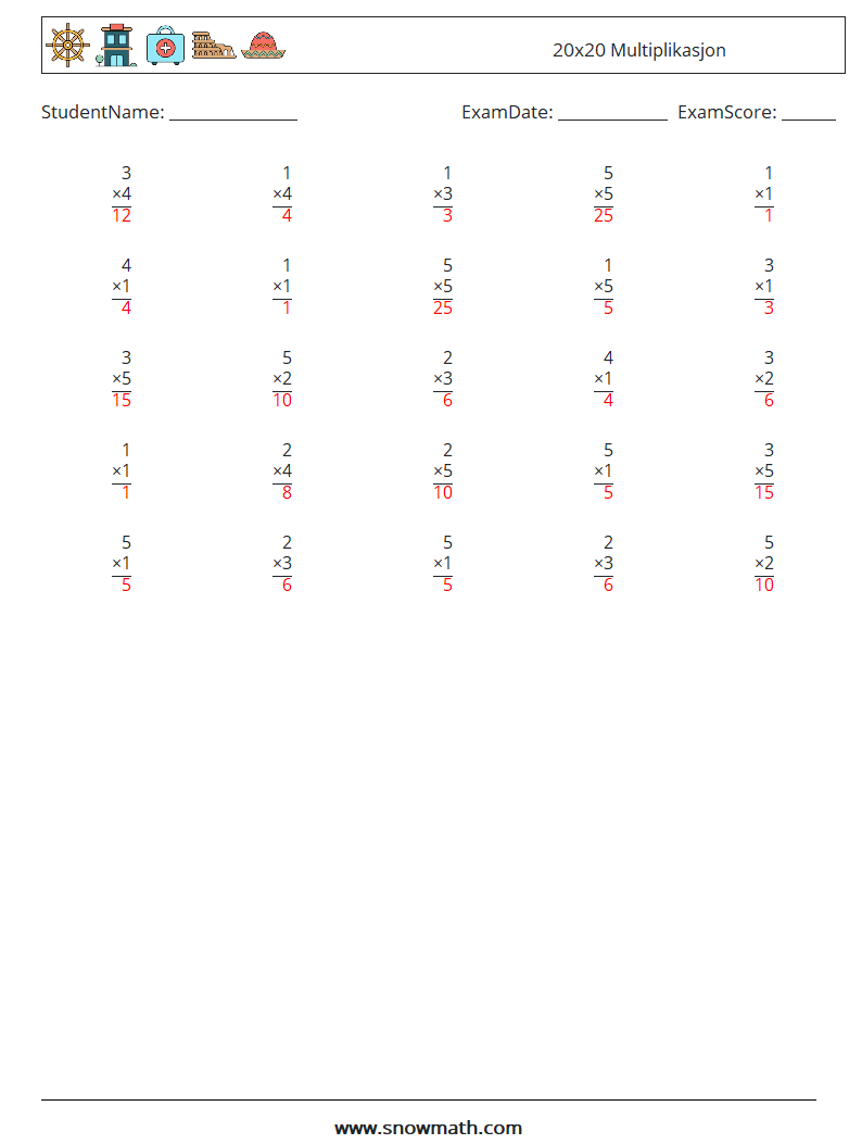(25) 20x20 Multiplikasjon MathWorksheets 11 QuestionAnswer
