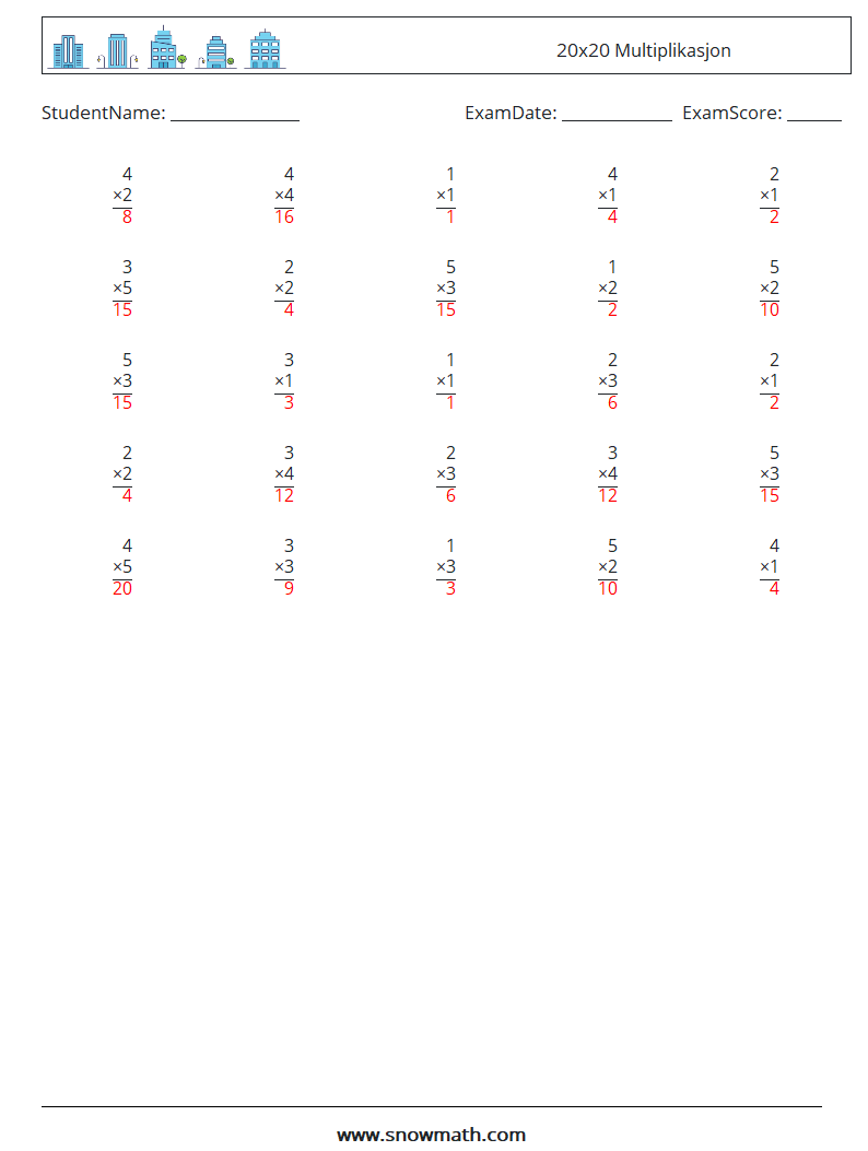 (25) 20x20 Multiplikasjon MathWorksheets 12 QuestionAnswer