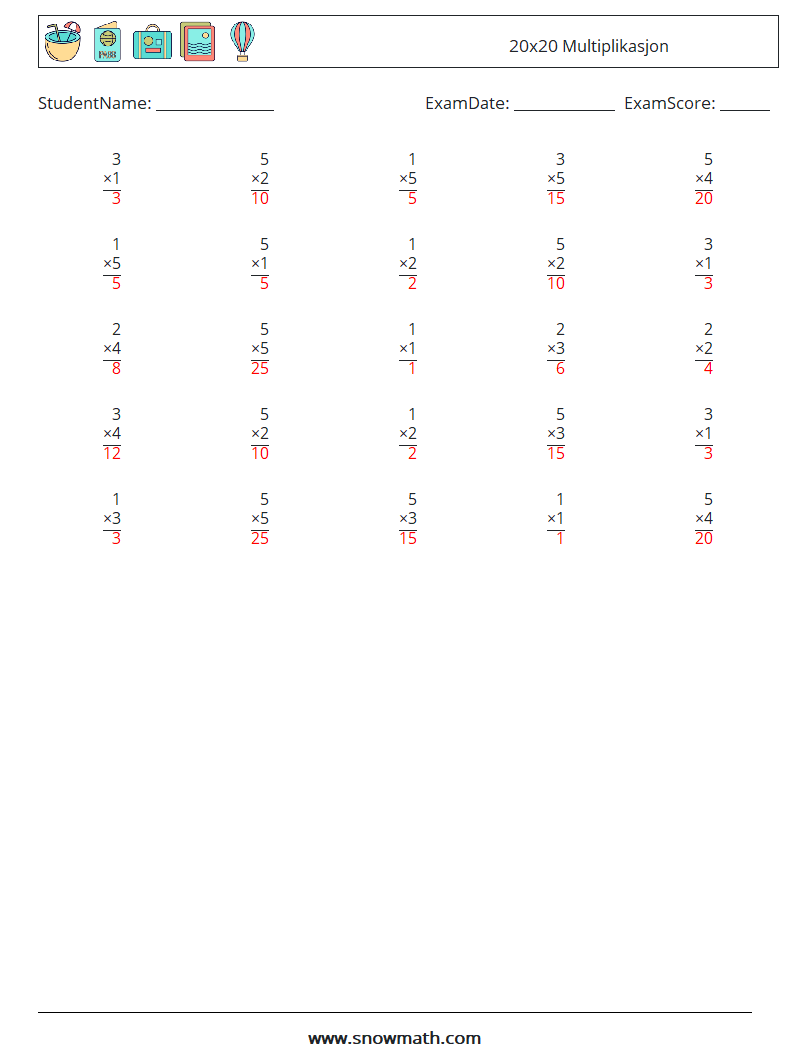 (25) 20x20 Multiplikasjon MathWorksheets 13 QuestionAnswer