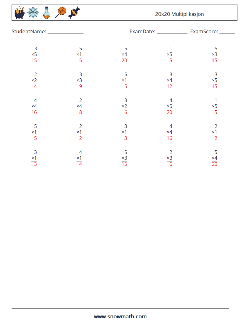 (25) 20x20 Multiplikasjon MathWorksheets 14 QuestionAnswer