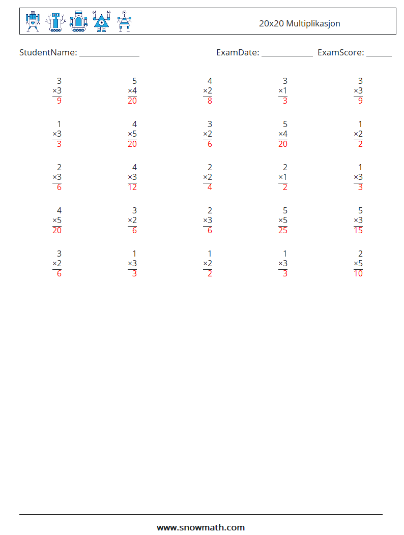 (25) 20x20 Multiplikasjon MathWorksheets 15 QuestionAnswer