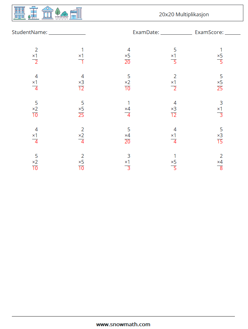(25) 20x20 Multiplikasjon MathWorksheets 17 QuestionAnswer