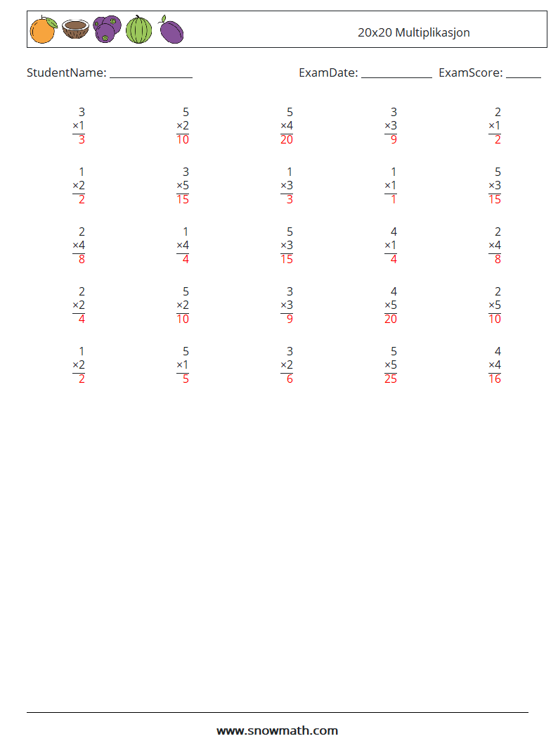 (25) 20x20 Multiplikasjon MathWorksheets 18 QuestionAnswer