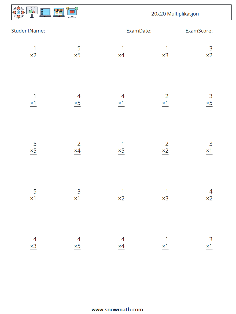 (25) 20x20 Multiplikasjon MathWorksheets 2