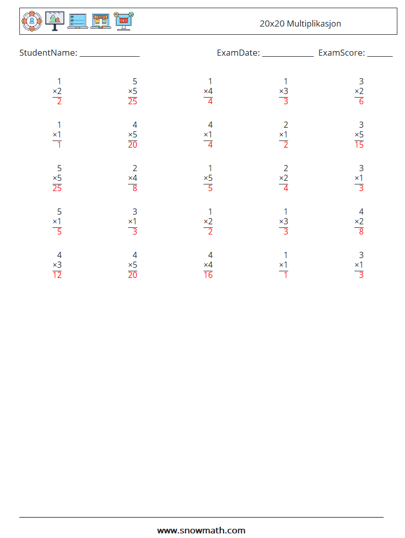 (25) 20x20 Multiplikasjon MathWorksheets 2 QuestionAnswer