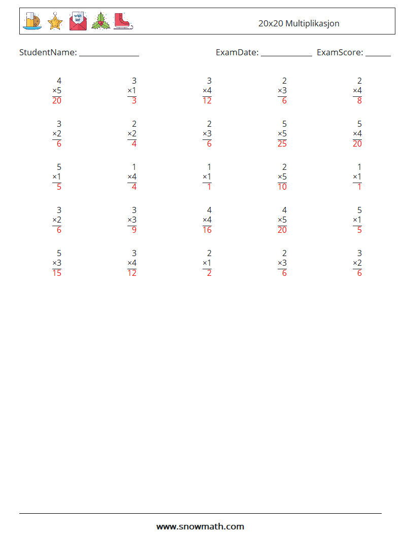 (25) 20x20 Multiplikasjon MathWorksheets 3 QuestionAnswer