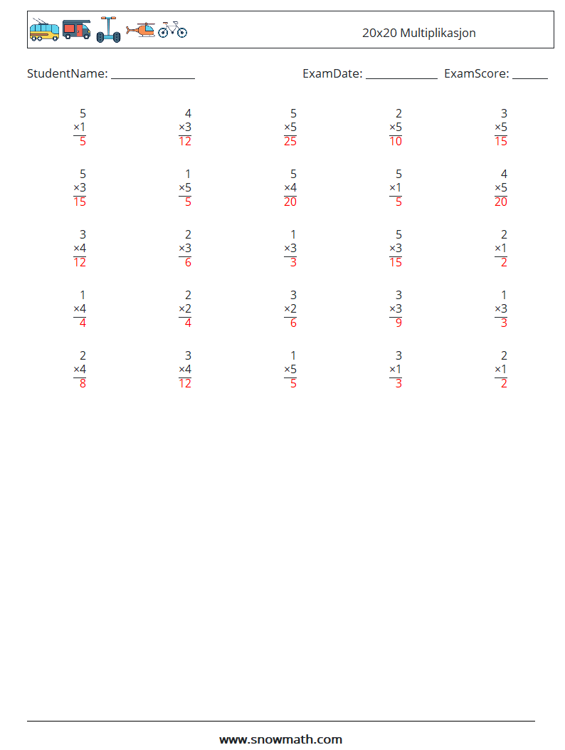 (25) 20x20 Multiplikasjon MathWorksheets 5 QuestionAnswer