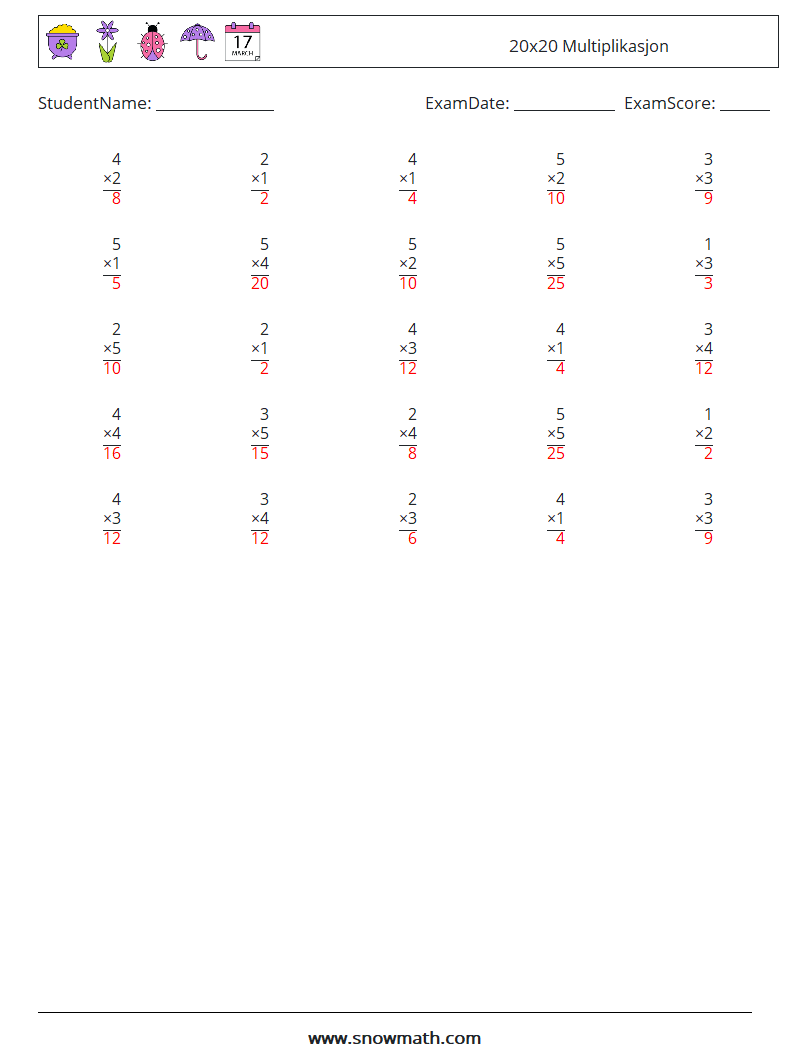 (25) 20x20 Multiplikasjon MathWorksheets 6 QuestionAnswer