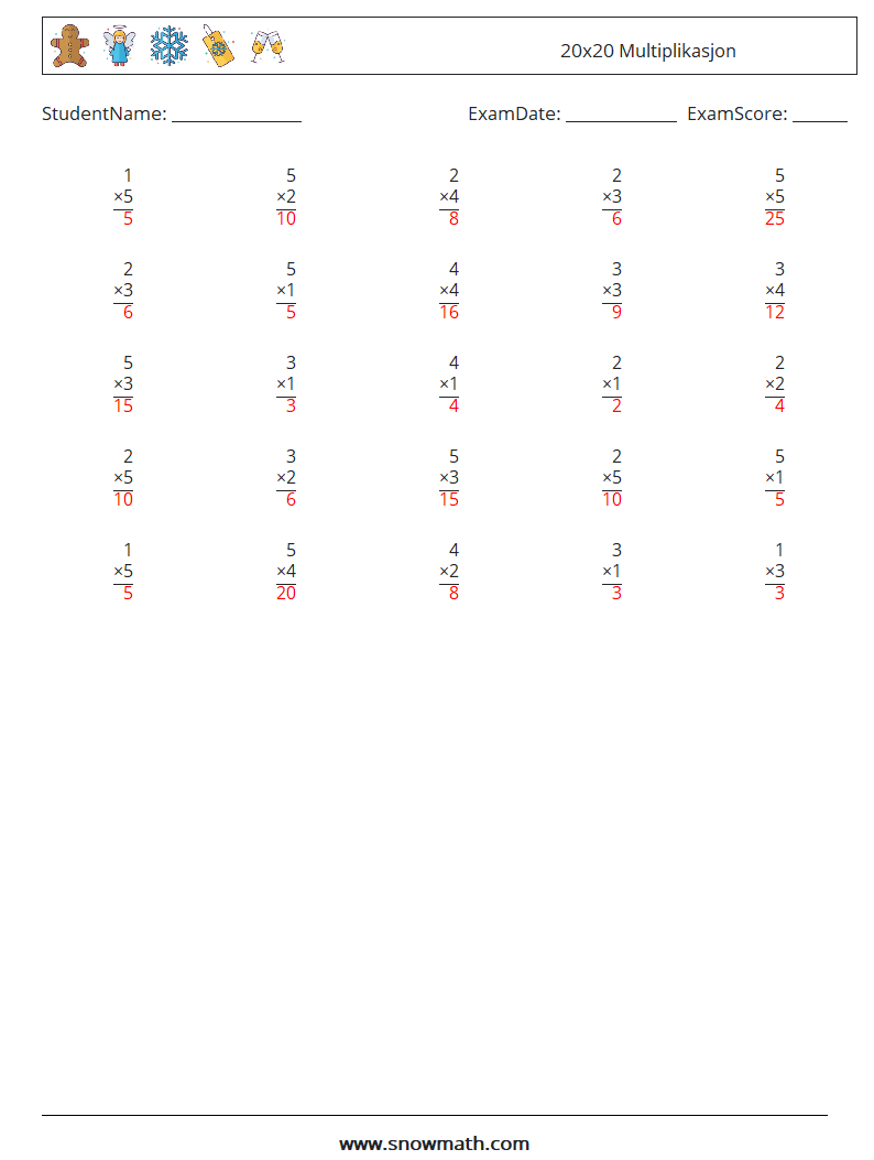 (25) 20x20 Multiplikasjon MathWorksheets 7 QuestionAnswer