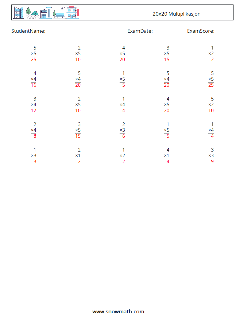 (25) 20x20 Multiplikasjon MathWorksheets 9 QuestionAnswer