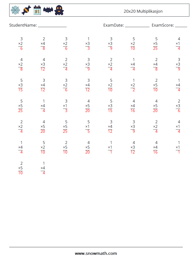 (50) 20x20 Multiplikasjon MathWorksheets 11 QuestionAnswer
