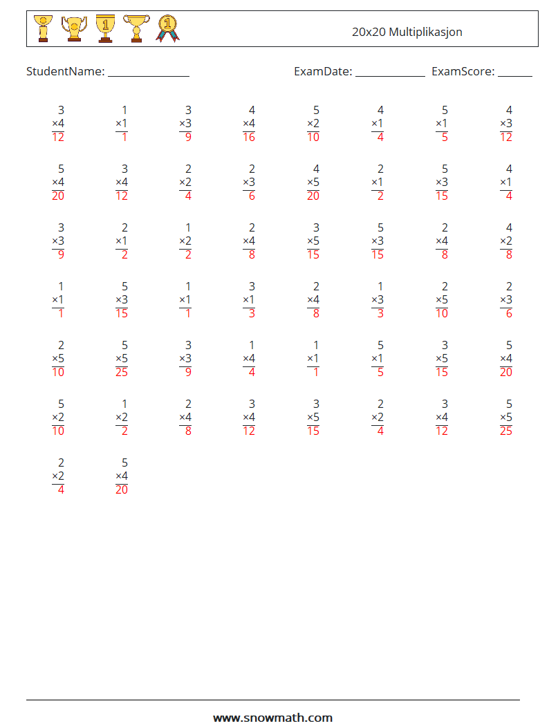 (50) 20x20 Multiplikasjon MathWorksheets 13 QuestionAnswer