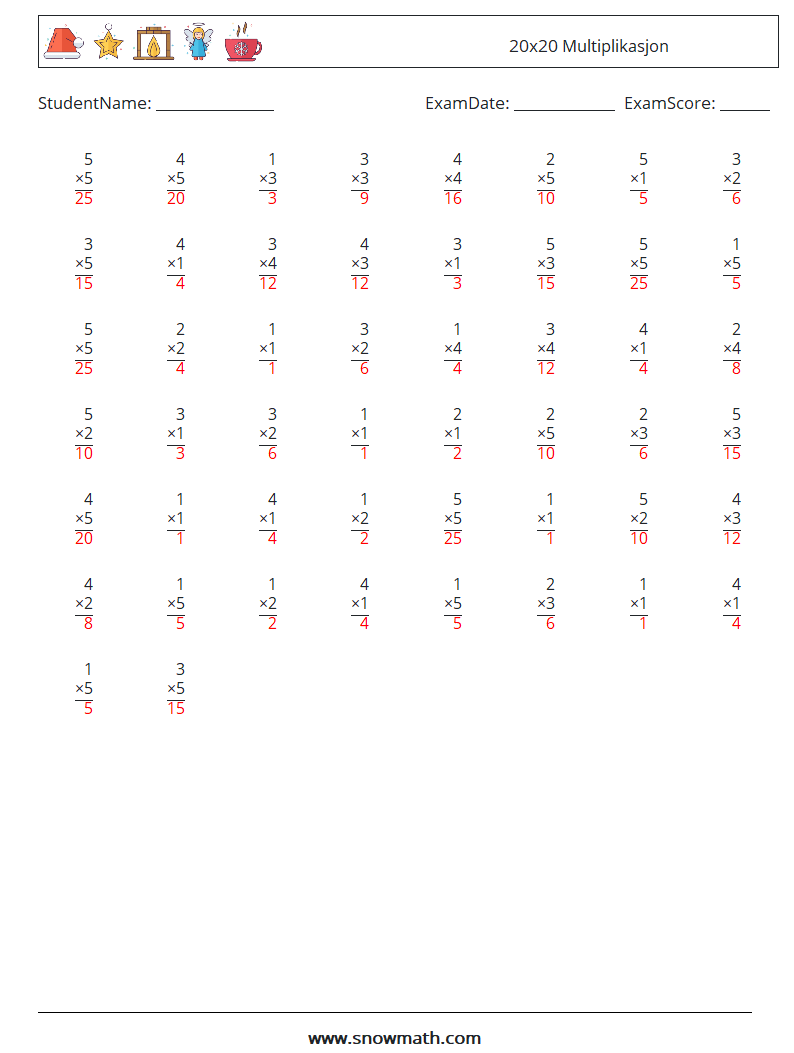 (50) 20x20 Multiplikasjon MathWorksheets 15 QuestionAnswer