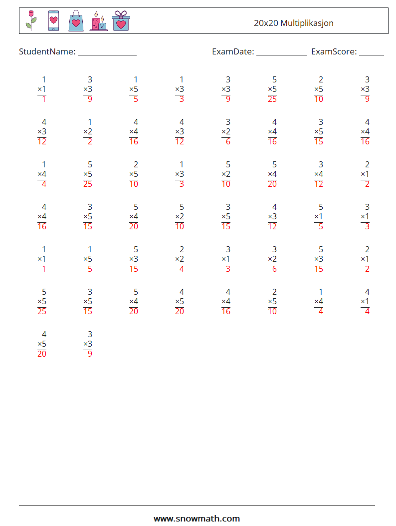 (50) 20x20 Multiplikasjon MathWorksheets 17 QuestionAnswer