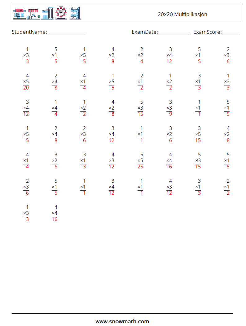 (50) 20x20 Multiplikasjon MathWorksheets 4 QuestionAnswer