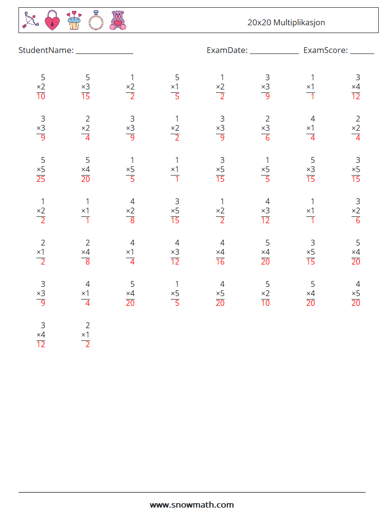 (50) 20x20 Multiplikasjon MathWorksheets 5 QuestionAnswer