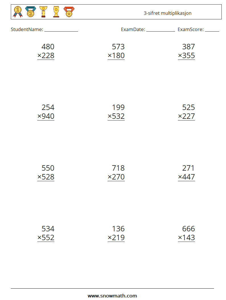 (12) 3-sifret multiplikasjon MathWorksheets 1