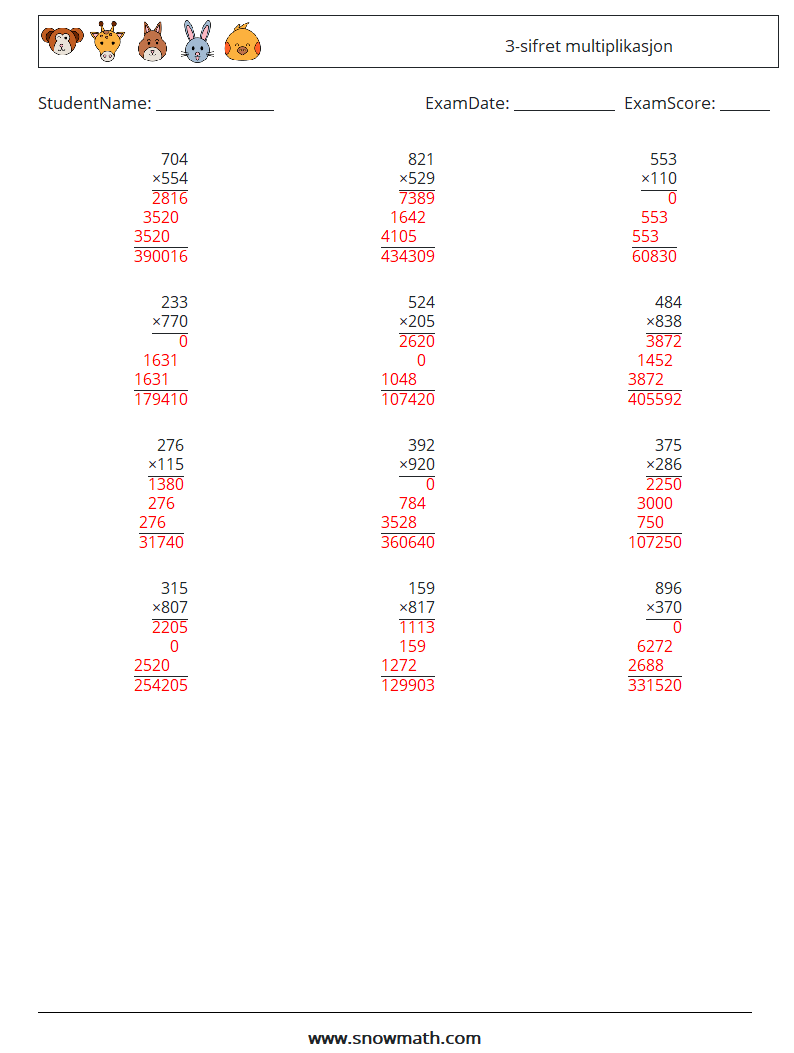 (12) 3-sifret multiplikasjon MathWorksheets 12 QuestionAnswer