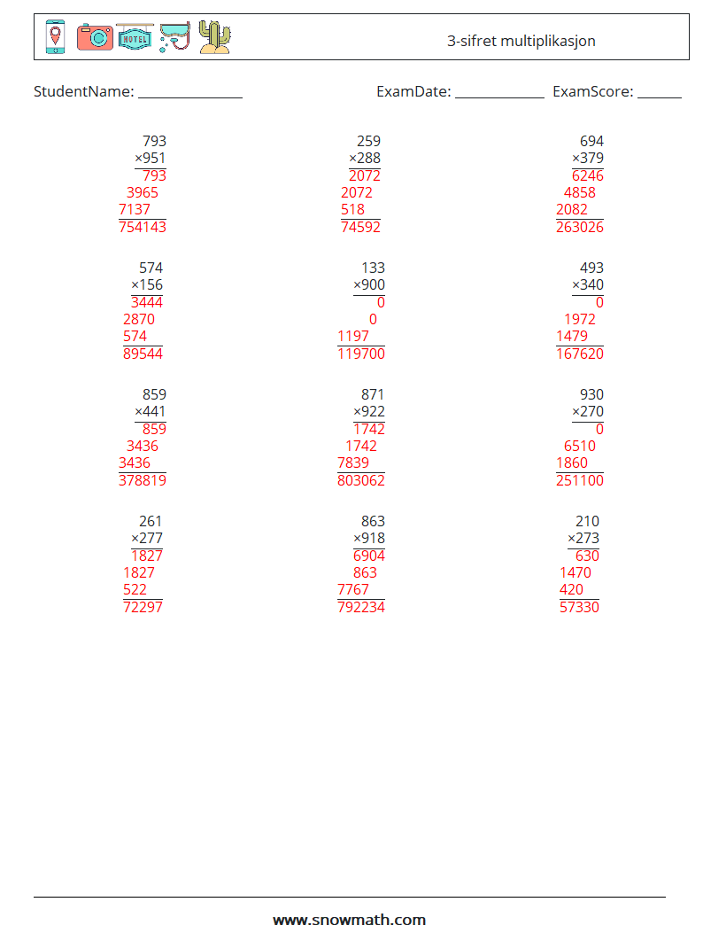 (12) 3-sifret multiplikasjon MathWorksheets 16 QuestionAnswer