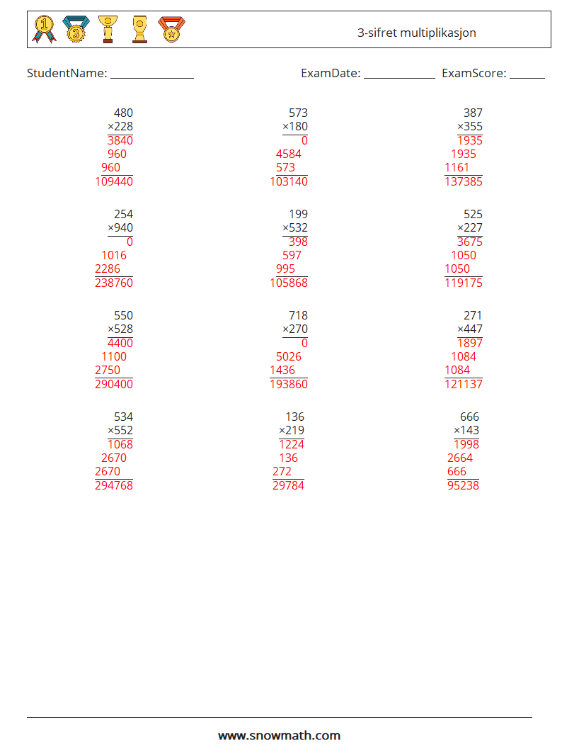 (12) 3-sifret multiplikasjon MathWorksheets 1 QuestionAnswer