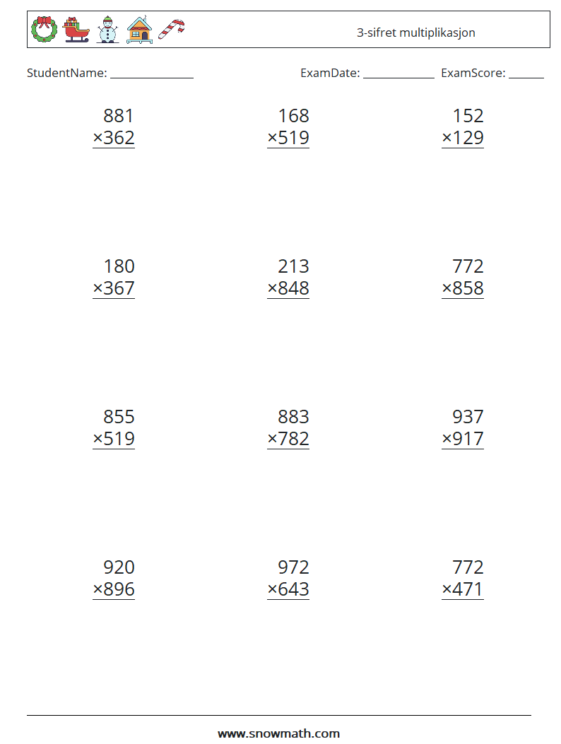 (12) 3-sifret multiplikasjon MathWorksheets 2